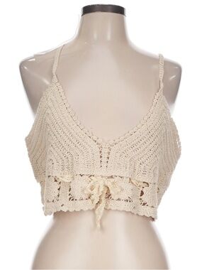 New: POL Cream Crochet Knit Floral Patchwork Lace Tie Cropped Tank Top• S/M